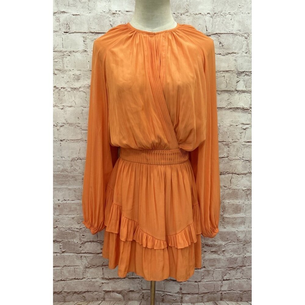 RAMY BROOK Smocked Waist Mini Dress Long Sleeve Orange Open Back Size S Festival